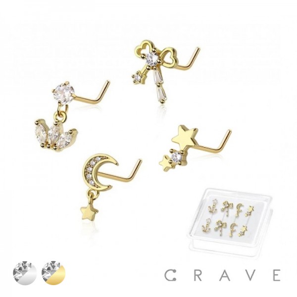 8PCS OF ASSORTED CZ DANGLE 316L SURGICAL STEEL L-SHAPE NOSE STUD BOX 8PCS OF ASSORTED CZ DANGLE 316L SURGICAL STEEL L-SHAPE NOSE STUD BOX
